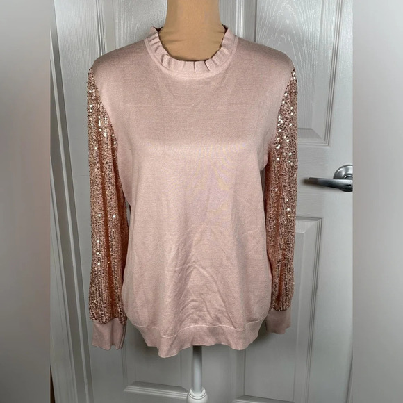 Adrianna Papell Sweater‎ with puffy sequence long sleeves, Antique Rose, XL. - Picture 5 of 9